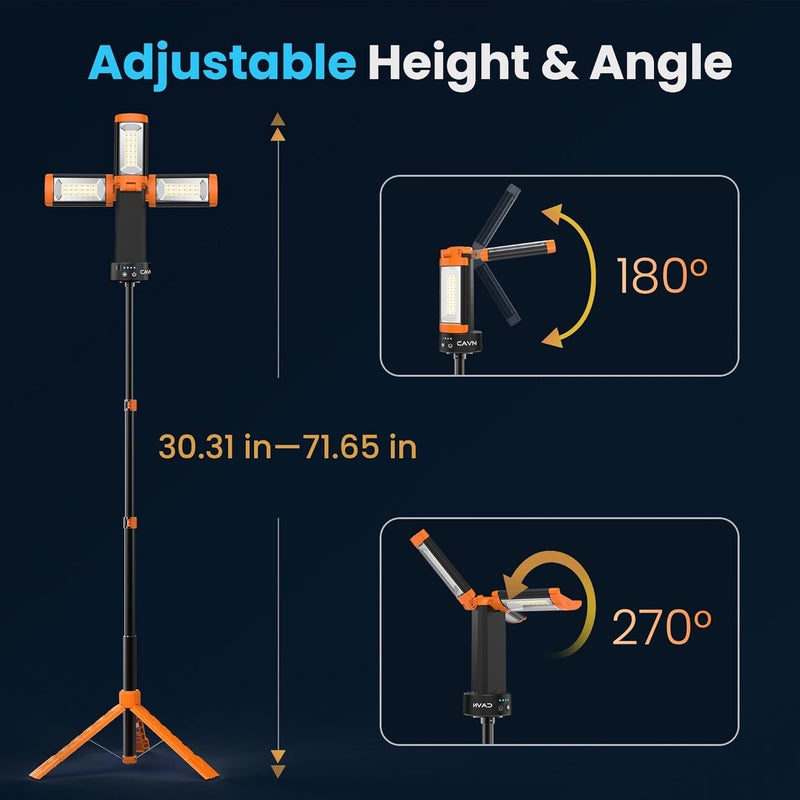 CAVN Rechargeable Camping Lights with Remote & Detachable Tripod Max Height 6.7 ft, Portable Work Light with 3 LED Lamp Heads, Camping Essentials Gear Emergency Flashlight with Hook, Orange - Image 5